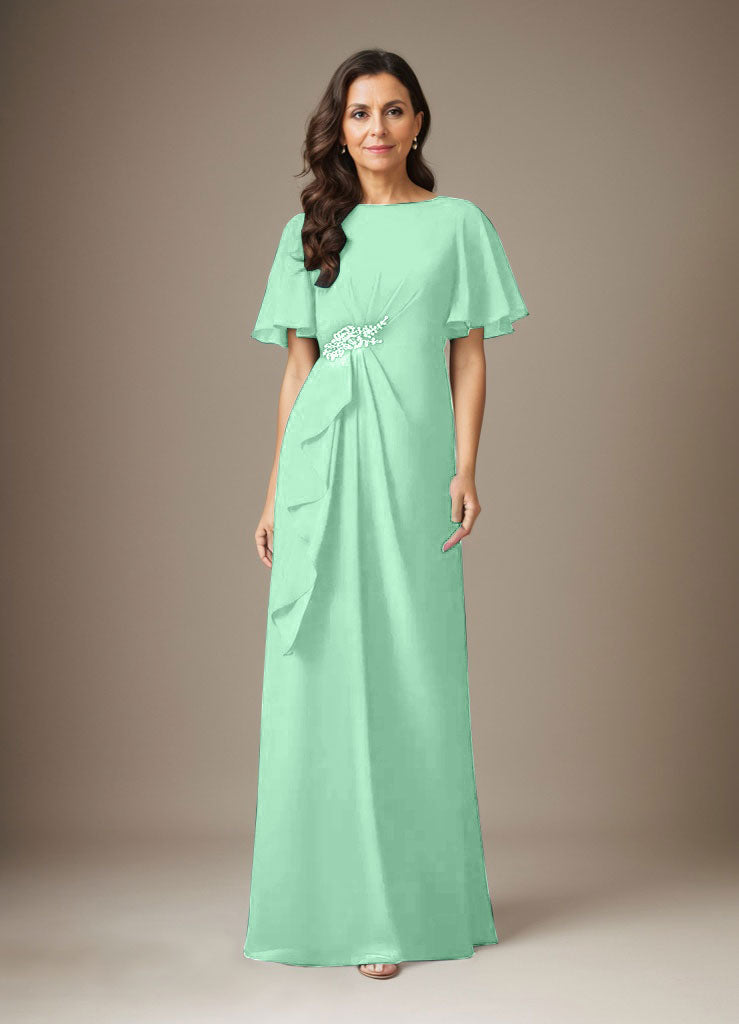 Dunkelblaues Etuikleid aus Chiffon mit Perlenbesatz