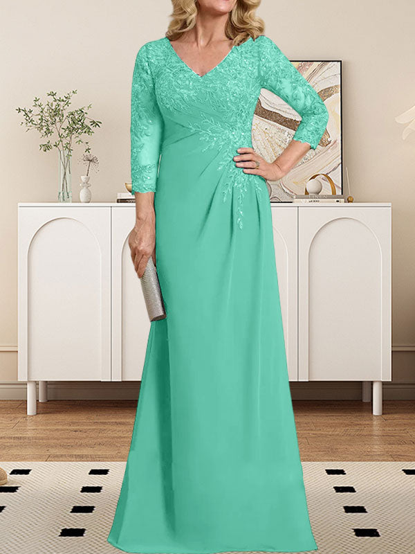 Vestido de madre de la novia de gasa con encaje, escote en V, ilusión, largo hasta el suelo, con lentejuelas plisadas 