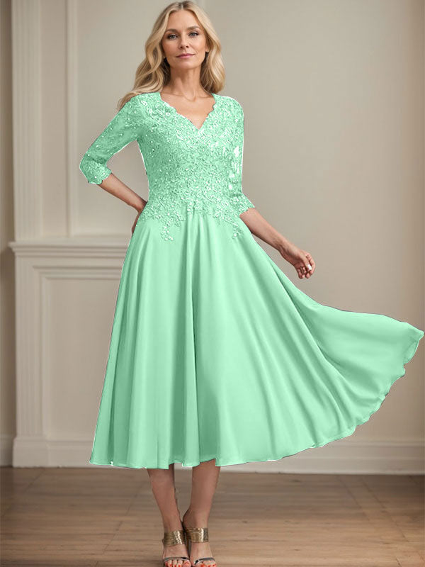 A-Linien-Kleid aus Chiffonspitze mit V-Ausschnitt, Teelänge, Perlen- und Paillettenstickerei für die Mutter der Braut 