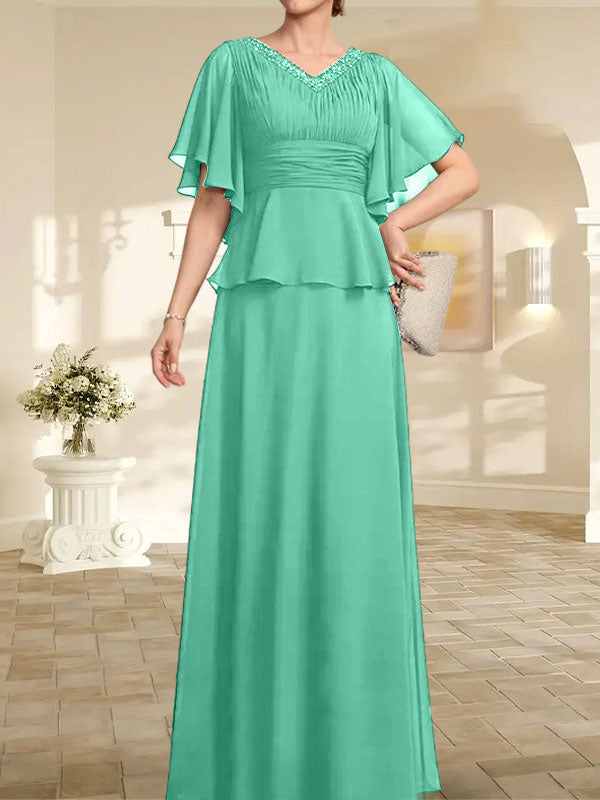 Vestido de gasa para madre de la novia, corte A, escote en V, largo hasta el suelo, con cuentas plisadas