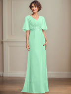 A-Linien-Kleid aus Chiffon mit V-Ausschnitt, bodenlang, für die Mutter der Braut, mit plissierten Paillettenapplikationen und Spitze