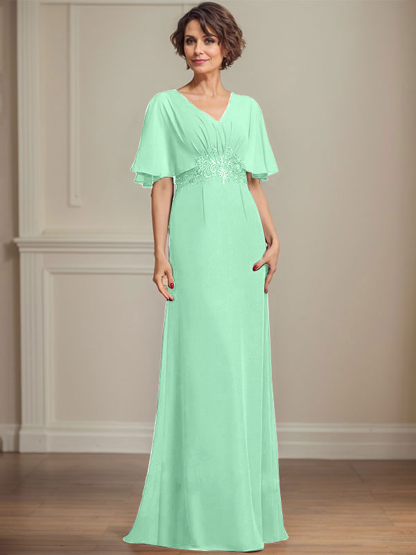 Vestido de gasa para madre de la novia, corte A, escote en V, largo hasta el suelo, con apliques de lentejuelas plisadas y encaje