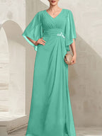 Vestido de gasa para madre de la novia, con escote en V, largo hasta el suelo, con lentejuelas plisadas y abalorios.