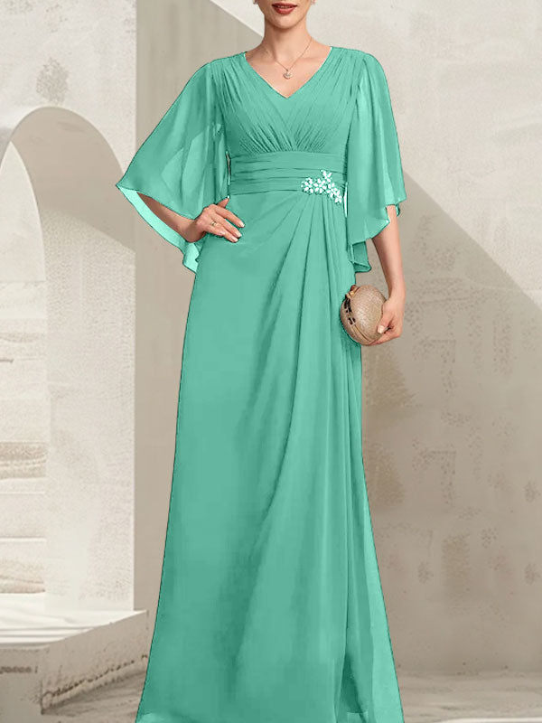 Vestido de gasa para madre de la novia, con escote en V, largo hasta el suelo, con lentejuelas plisadas y abalorios.