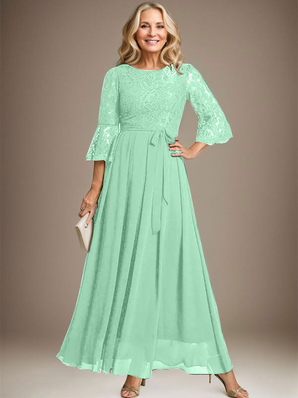 Vestido de gasa con encaje y lazo para madre de la novia, corte A, escote redondo hasta los tobillos