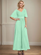 A-Linien-Chiffonkleid mit V-Ausschnitt, Knöchellänge, plissierten Pailletten und Perlenstickerei für die Mutter der Braut