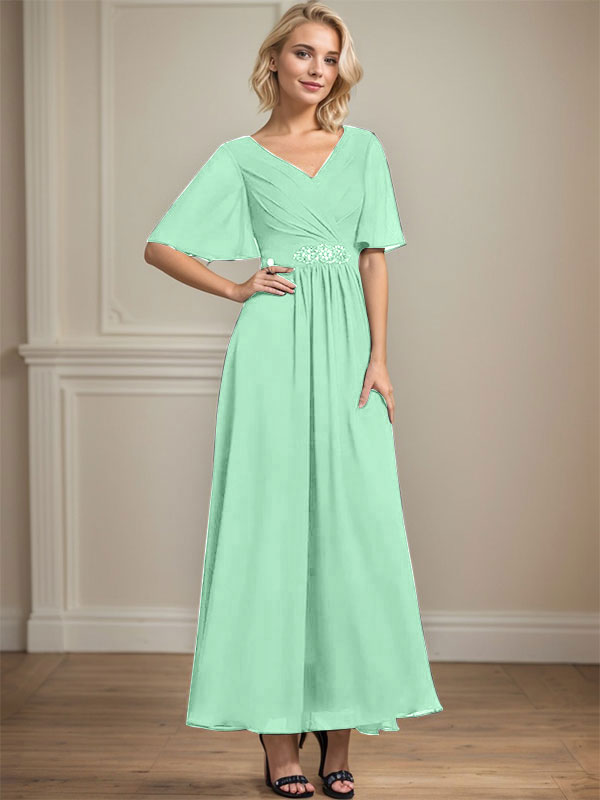 Vestido de gasa para madre de la novia, corte A, escote en V, largo hasta los tobillos, con lentejuelas y cuentas plisadas