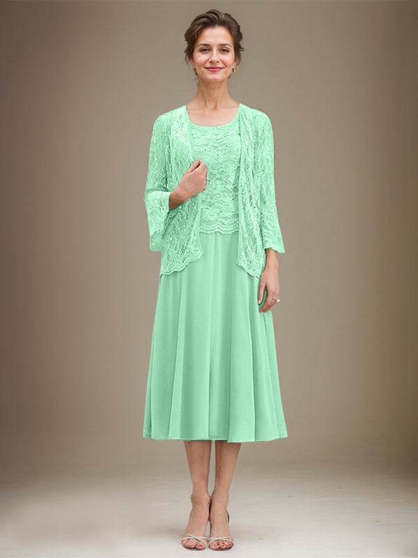 Vestido de gasa con encaje y lentejuelas para madre de la novia, corte A, escote redondo y largo hasta la rodilla 