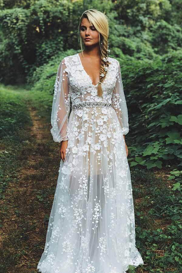 Schlichtes Tüll-Brautkleid in A-Linie mit langen Ärmeln und Spitzenapplikationen