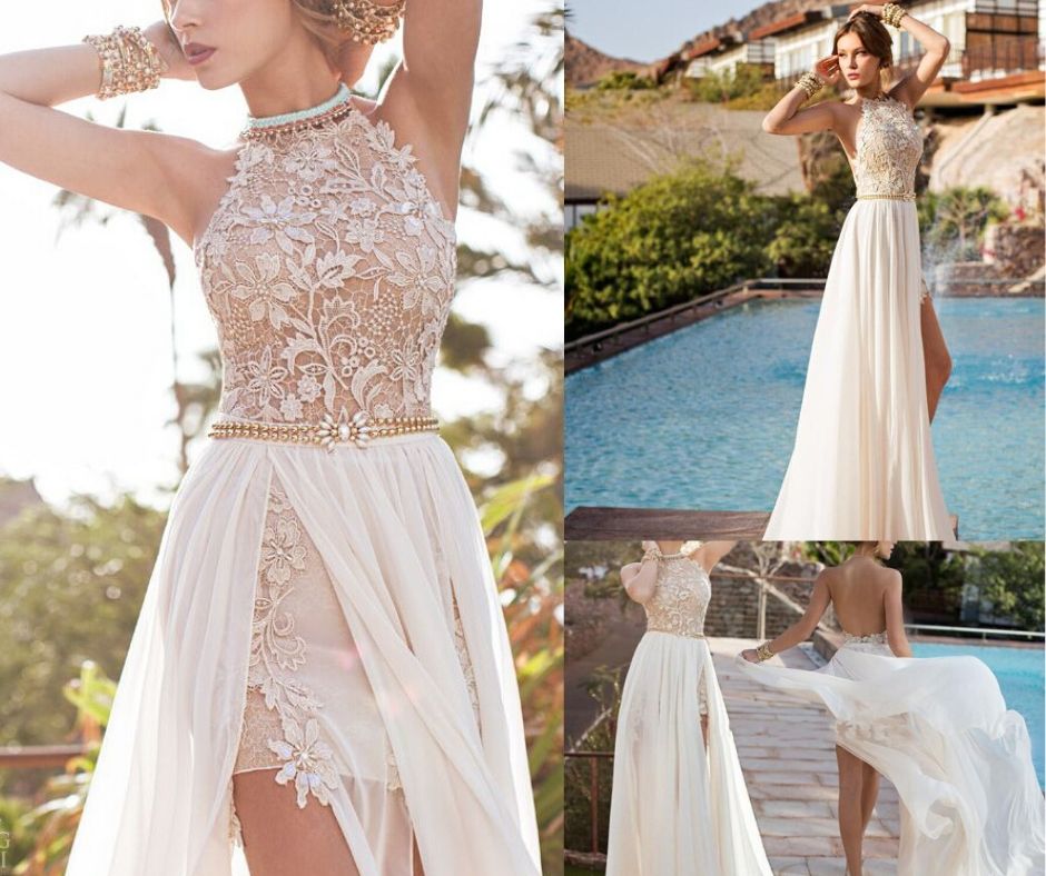 Wunderschönes, rückenfreies Spitzenkleid mit hohem Ausschnitt und Neckholder für Hochzeit und Party