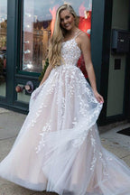 Tulle Spaghetti Straps Scoop A-Line Prom Dresses with Appliques