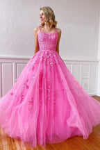 Tulle Spaghetti Straps Scoop A-Line Prom Dresses with Appliques