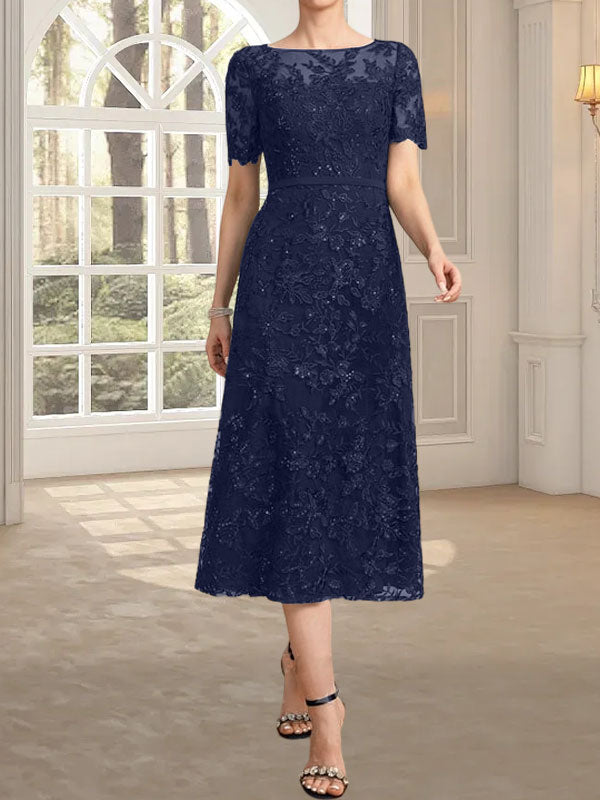 Vestido de encaje para madre de la novia con lentejuelas, corte A, escote ilusión, largo hasta la rodilla