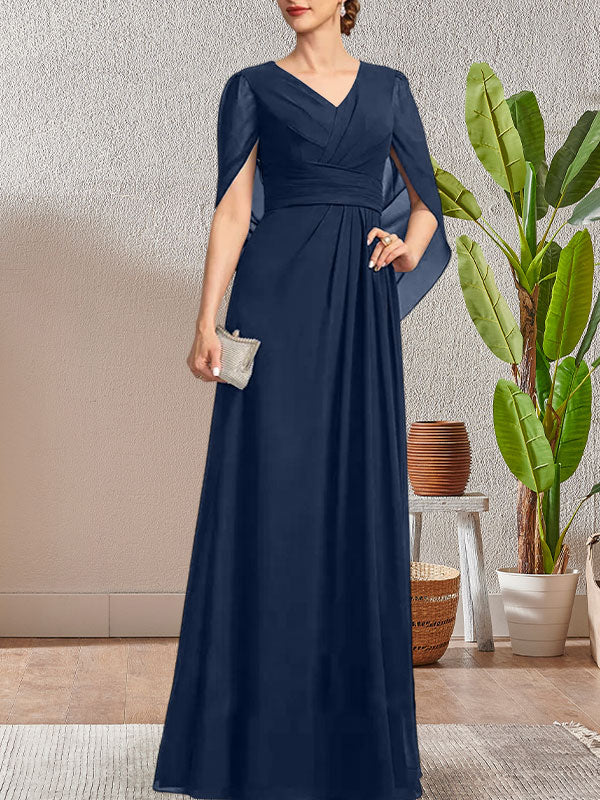 Dunkelblaues, langes A-Linien-Kleid mit V-Ausschnitt für die Mutter der Braut