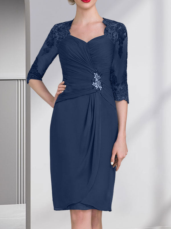 Etuikleid/Säulenkleid mit Herzausschnitt, knielang, aus Chiffon für die Mutter der Braut mit Perlenapplikationen, Spitze, Pailletten und Falten