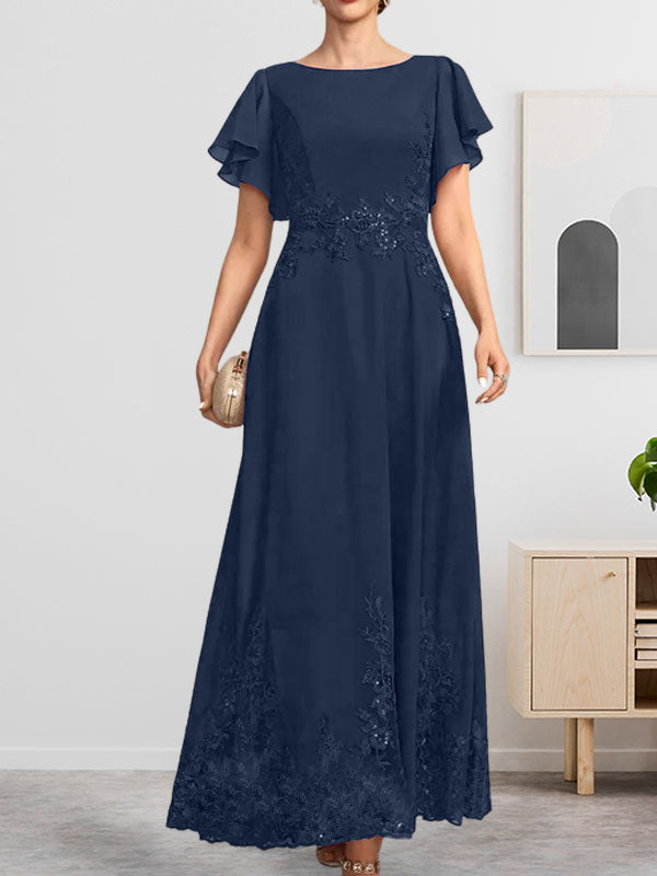 A-Linien-Kleid mit Rundhalsausschnitt, knöchellang, aus Spitze und Chiffon, mit Pailletten besetzt