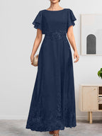 A-Linien-Kleid mit Rundhalsausschnitt, knöchellang, aus Spitze und Chiffon, mit Pailletten besetzt