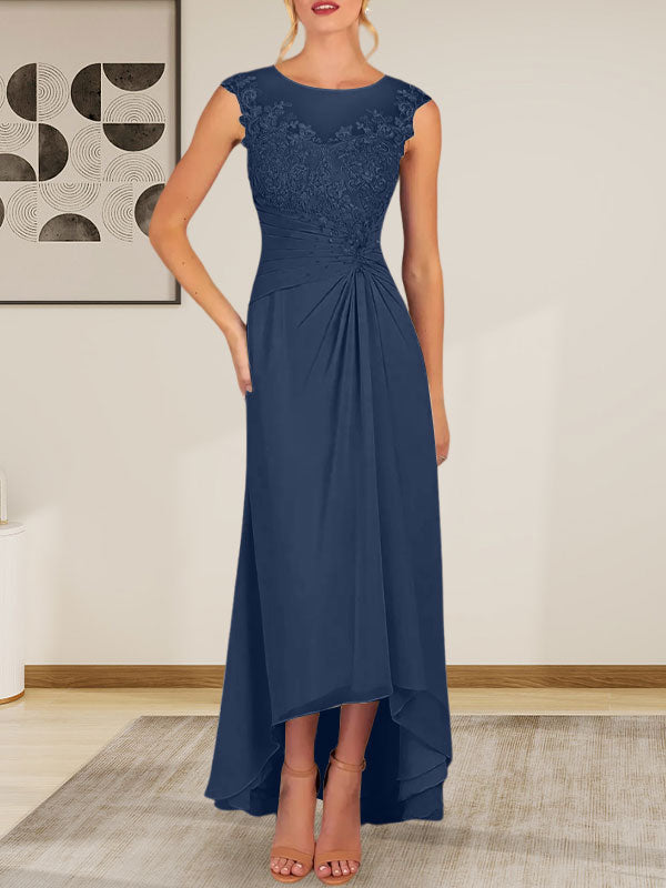 Champagnerfarbenes A-Linien-Chiffonkleid mit Rundhalsausschnitt und Spitze