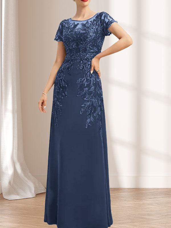 Vestido de gasa con encaje y lentejuelas para madre de la novia, largo hasta el suelo, con escote redondo e ilusión