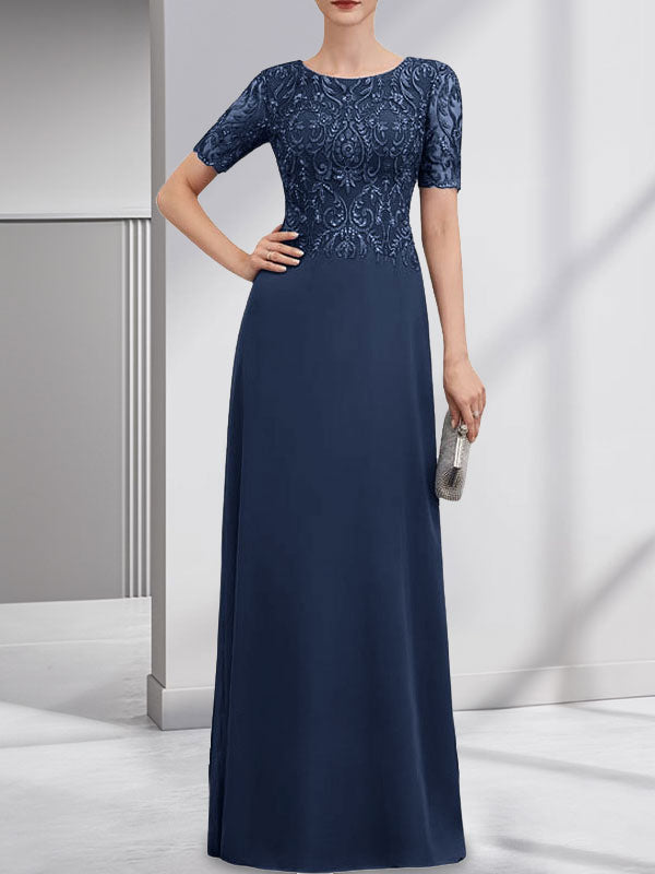 A-Linien-Kleid aus Chiffon mit Pailletten und Rundhalsausschnitt, bodenlang, für die Mutter der Braut