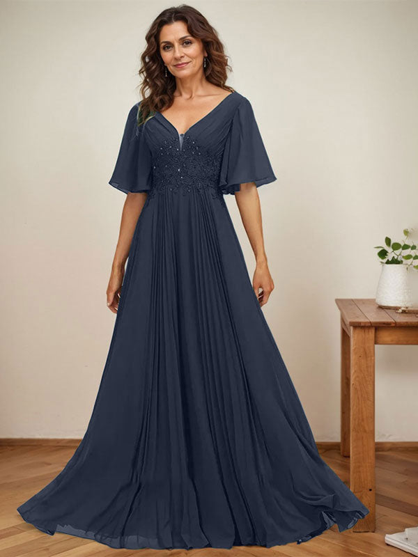 A-Linien-Kleid aus Chiffon mit V-Ausschnitt, bodenlang, mit Paillettenapplikationen, Spitze und Falten für die Mutter der Braut 