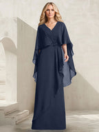 A-Linien-Kleid aus Chiffon mit V-Ausschnitt, bodenlang, mit Kaskadenrüschen und Perlenstickerei für die Mutter der Braut. 