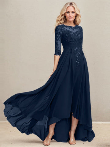 A-Linien-Kleid mit asymmetrischem Ausschnitt, Illusion-Effekt, Spitze und Chiffon, verziert mit plissierten Pailletten, ideal für die Mutter der Braut 