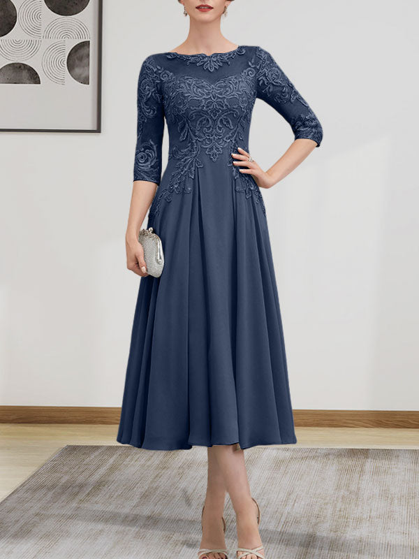 A-Linien-Kleid mit U-Boot-Ausschnitt, Illusion-Detail, Teelänge, Chiffonspitze, Perlenstickerei und Pailletten für die Mutter der Braut
