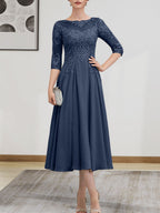 A-Linien-Kleid mit U-Boot-Ausschnitt, Illusion-Detail, Teelänge, Chiffonspitze, Perlenstickerei und Pailletten für die Mutter der Braut