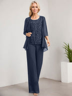 Zweiteiliger Jumpsuit/Hosenanzug, bodenlanges Chiffon-Kleid mit Spitze und Pailletten für die Mutter der Braut