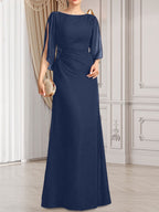 Etui-/Säulen-Chiffonkleid in Bodenlänge für die Mutter der Braut mit plissierter Perlenstickerei