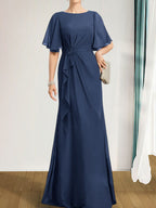 A-Linien-Kleid aus Chiffon in Bodenlänge für die Mutter der Braut mit kaskadenartigen Rüschen, Perlen und Pailletten