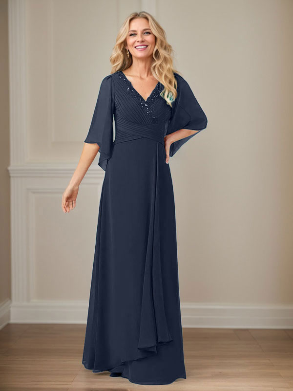 Langes Pailletten-Chiffon-Kleid in A-Linie mit V-Ausschnitt für die Mutter