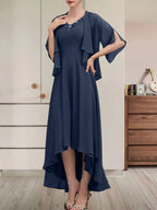 A-Linien-Kleid aus Chiffon mit V-Ausschnitt, asymmetrischem Muster und Perlen- und Paillettenbesatz für die Mutter der Braut