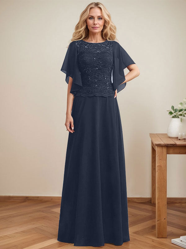 Vestido de madre de la novia de gasa con encaje, ilusión, largo hasta el suelo, corte A y lentejuelas 