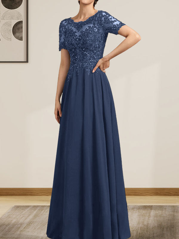 Vestido de gasa con encaje y lentejuelas para madre de la novia, largo hasta el suelo, con escote en A y ilusión