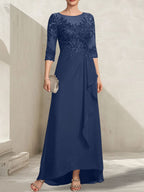 A-Linien-Kleid mit asymmetrischem, transparentem Chiffon-Spitzenausschnitt, Pailletten und Kaskadenrüschen für die Mutter der Braut