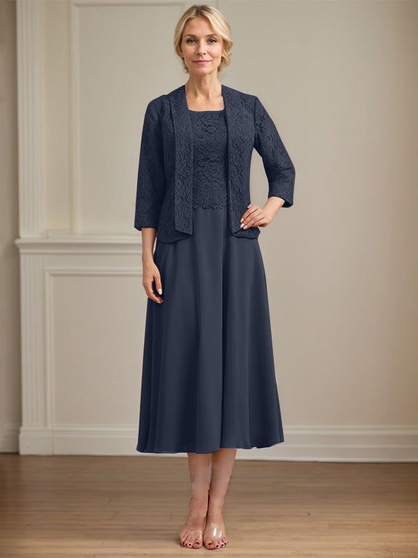 Vestido de gasa con encaje y escote redondo hasta la rodilla para madre de la novia 