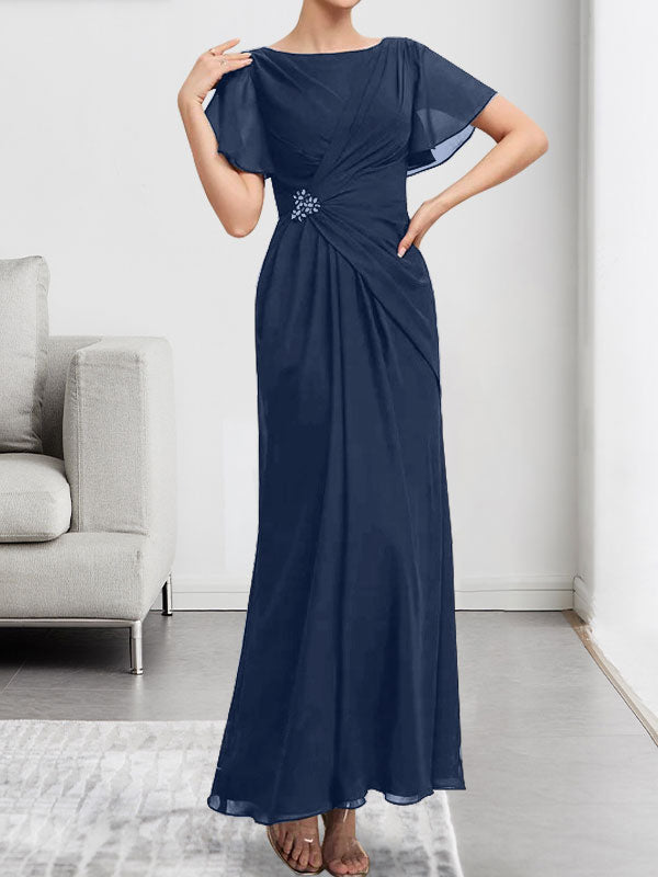 A-Linien-Chiffonkleid mit Rundhalsausschnitt, knöchellang, mit Perlenstickerei und Falten für die Mutter der Braut