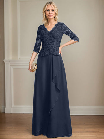 A-Linien-Kleid aus Chiffon mit V-Ausschnitt, bodenlang, mit Spitze, Kaskadenrüschen und Pailletten für die Mutter der Braut 