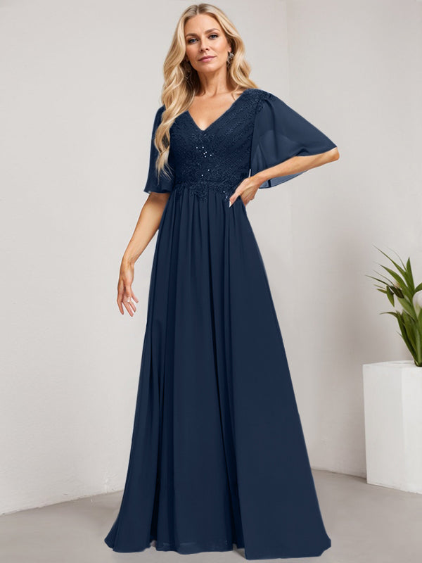 A-Linien-Kleid aus Chiffon mit V-Ausschnitt, bodenlang, mit Pailletten besetzt – ideal für die Mutter der Braut 