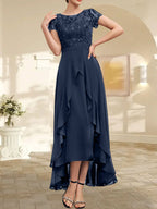 A-Linien-Kleid mit asymmetrischem Chiffon-Spitzenausschnitt, Schleife, Rüschen und Pailletten für die Mutter der Braut 