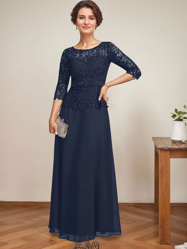 A-Linien-Kleid mit U-Boot-Ausschnitt, Illusion-Detail, knöchellang, aus Chiffon und Spitze mit Strassperlen für die Mutter der Braut. 