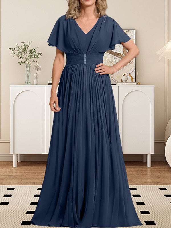 A-Linien-Chiffonkleid mit V-Ausschnitt, bodenlang, für die Mutter der Braut, mit Kristallbrosche und Falten 