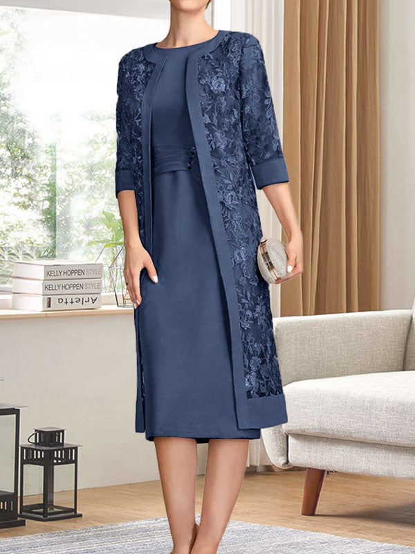 Vestido de gasa para madre de la novia con escote redondo hasta la rodilla, corte tubo/columna y lentejuelas plisadas