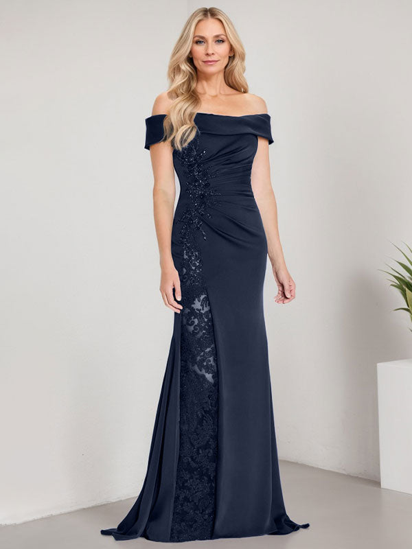 Vestido de sirena con escote en A, hombros descubiertos y largo hasta el suelo para madre de la novia, apliques y cuentas, con abertura alta 