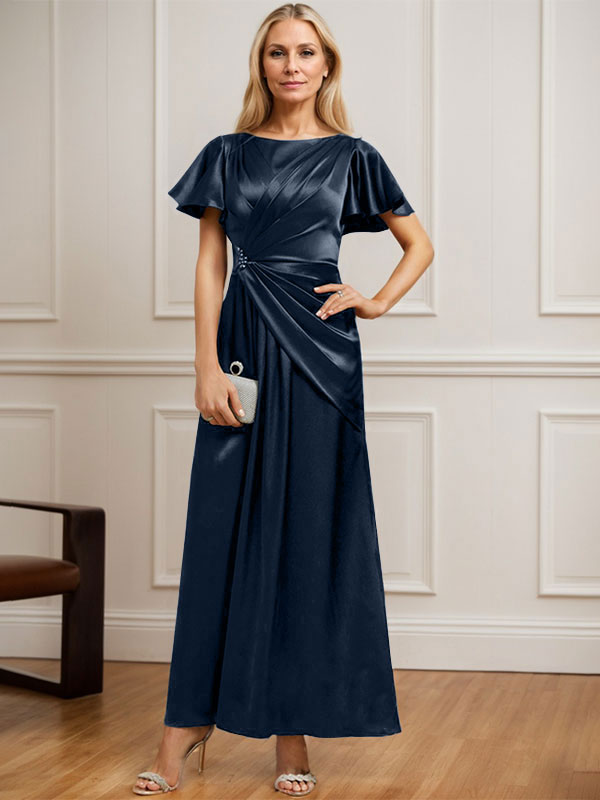 Vestido de madre de la novia de satén elástico con escote redondo y largo hasta los tobillos, corte en A y cuentas plisadas 