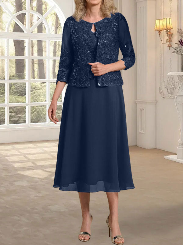 Vestido de gasa con encaje y lentejuelas para madre de la novia, corte A, escote redondo y largo hasta la rodilla 