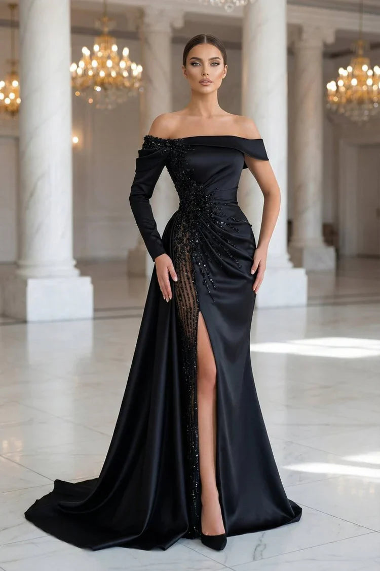 Off Shoulder Beaded Illusion Slit Satin Mermaid Prom Dresses