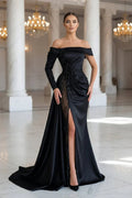 Off Shoulder Beaded Illusion Slit Satin Mermaid Prom Dresses